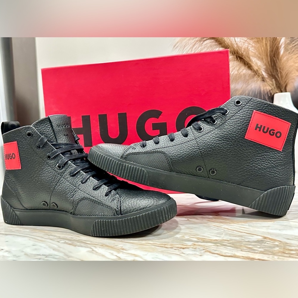 Black colour high neck HUGO shoe.  Red colour logo on side.Box included.